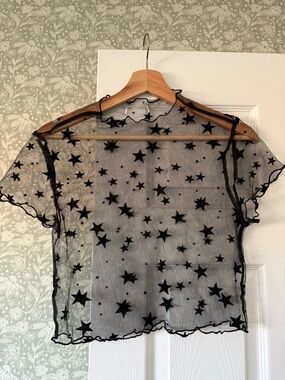 Sheer Star Print Mesh Top - Black